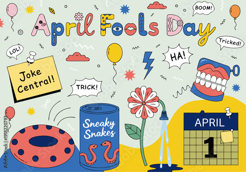 A colorful illustration celebrating April Fools' Day with playful pranks and jokes