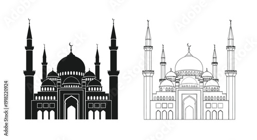 Two monochrome illustrations of islamic mosques with minarets and domes