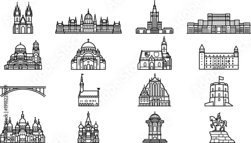 Eastern European Capital City Landmarks Line Art Icons