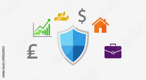 A central blue shield is surrounded by diverse financial icons including a graph, gold, currency, a house, and a briefcase.
