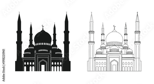 Two mosque illustrations one black silhouette one white line drawing