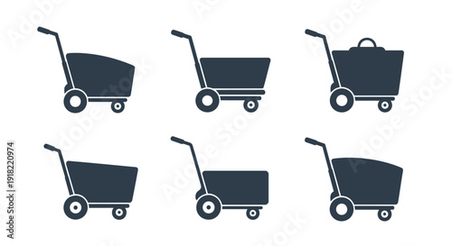 Six dark blue shopping cart and hand truck icons arranged in a grid
