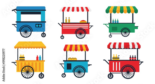 Colorful illustrations of various food carts and vendor stalls