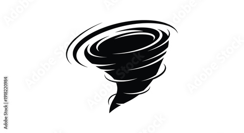 Stylized black and white illustration of a swirling tornado shape