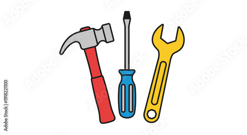 Illustration of a hammer screwdriver and wrench on a white background