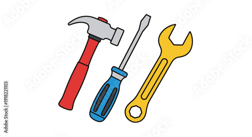 A colorful illustration depicting a hammer screwdriver and wrench