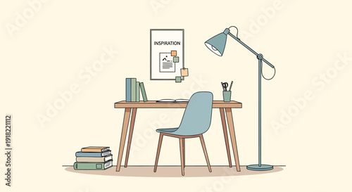 Minimalist home office setup with desk, chair, lamp, and books in a simple vector illustration