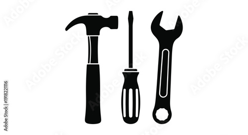 Black silhouettes of a hammer screwdriver and wrench on white