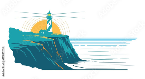 A stylized lighthouse stands on a rocky cliff overlooking the ocean
