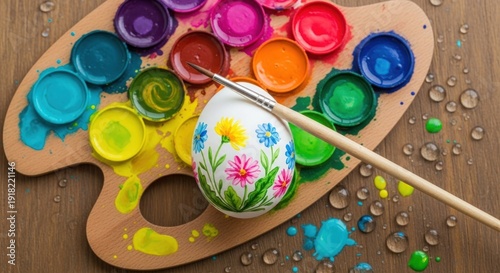 A white Easter egg decorated with painted pink and yellow flowers rests on a wooden palette next to a paintbrush and colorful watercolor paint spots.