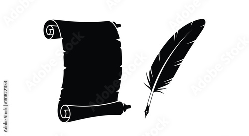A black silhouette illustration of a scroll and feather quill
