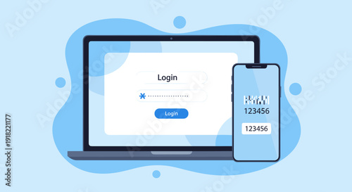 A laptop displays a login screen with password fields, positioned next to a smartphone showing a six-digit verification code.