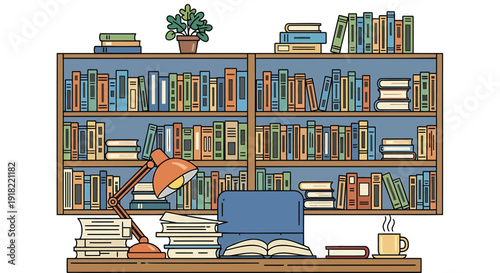 Vector illustration of a cozy home office with a desk, bookshelves, and a lamp.