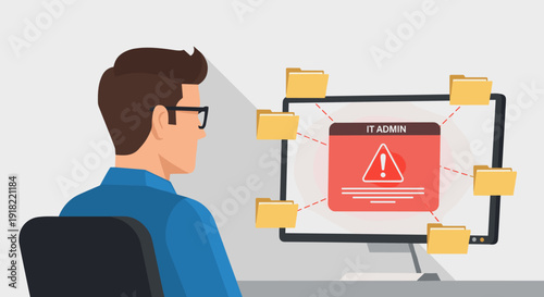 A man with glasses sits at a desk, facing a computer screen with an IT admin warning message and floating folders.