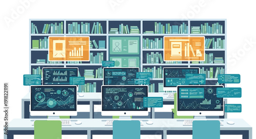 Modern office workspace with multiple computer monitors and data analysis screens on a white background, vector illustration.