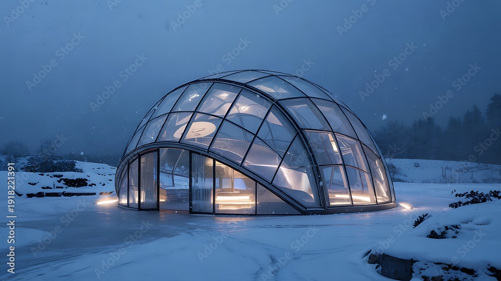 Obraz premium Futuristic Glass Dome House in Snowy Winter Landscape with Warm Interior Lights