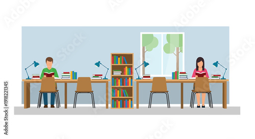 Vector illustration of students studying at desks in a library or classroom setting with books and lamps.