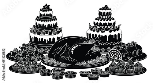 A festive black and white illustration of a turkey with desserts