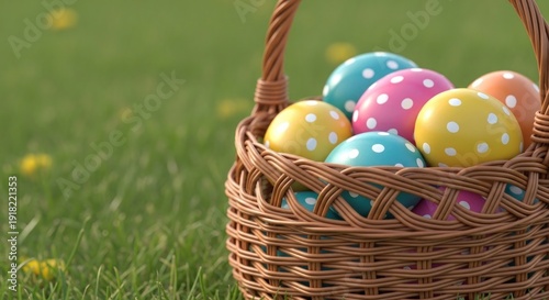 Wallpaper Mural A wicker basket filled with colorful Easter eggs on green grass Torontodigital.ca