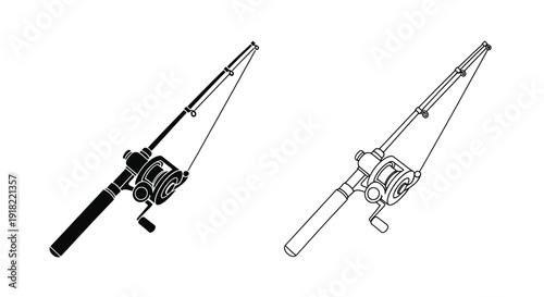 Two black and white illustrations of fishing rods with reels depicted