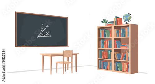 Vector illustration of a classroom with a chalkboard, desk, chairs, and bookshelf filled with books and educational objects.
