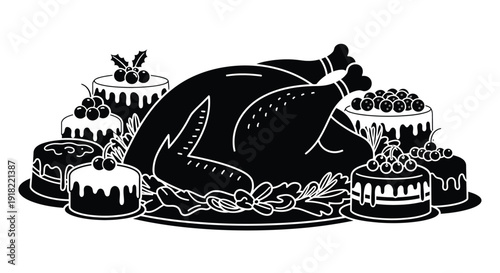 A black and white illustration of a roasted turkey with cakes