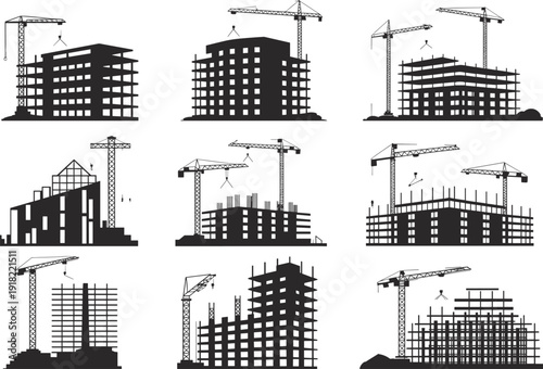 Construction site silhouette collection, building process with tower cranes vector, industrial architecture development, urban civil engineering project icons for real estate design
