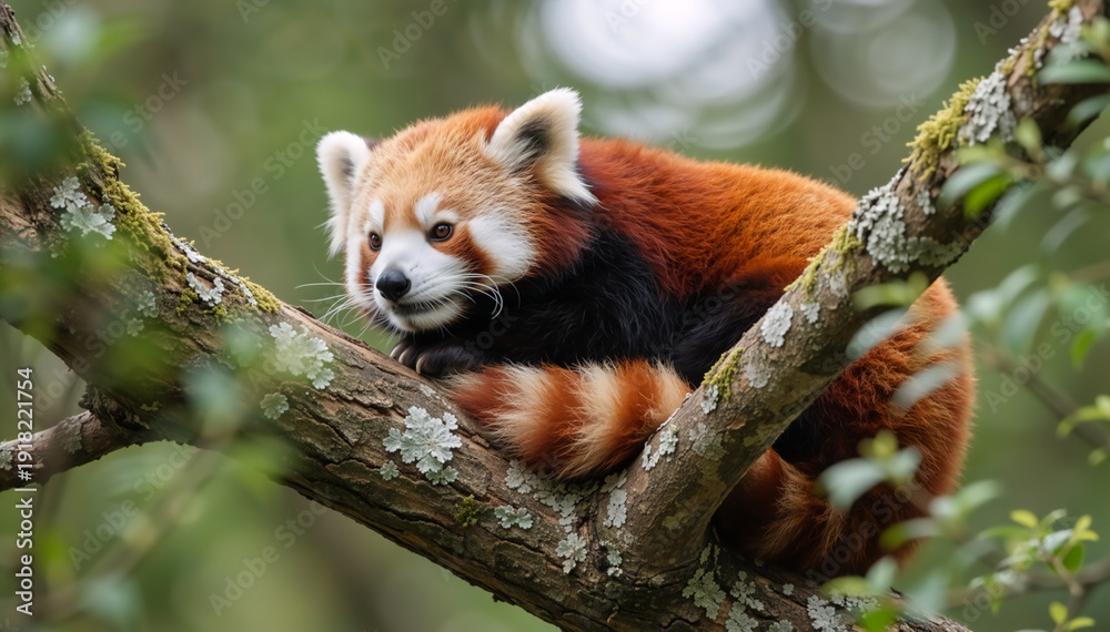 Obraz premium Red panda perched on a mossy tree branch in a forest. Wildlife portrait of an exotic animal with reddish brown fur and ringed tail. Nature and conservation concept