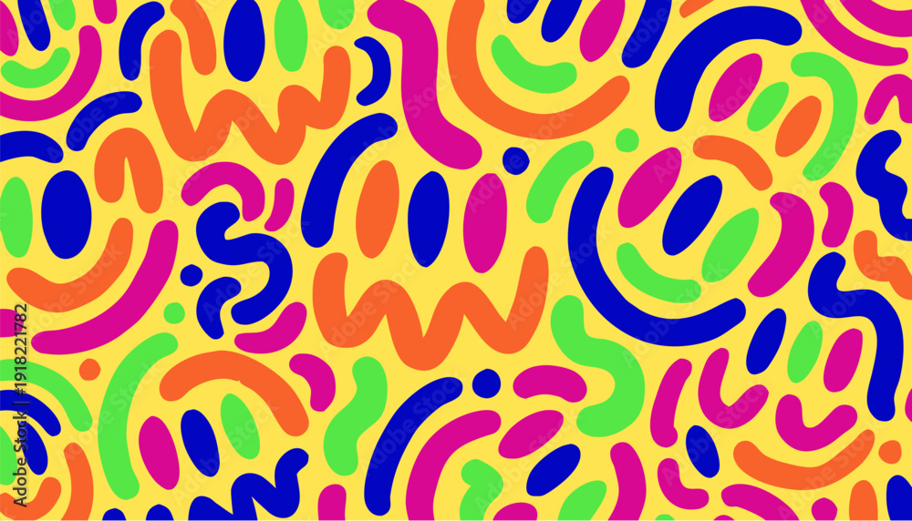 Fototapeta premium A vibrant and colorful abstract vector graphic design featuring swirling patterns and shapes on a bright yellow background