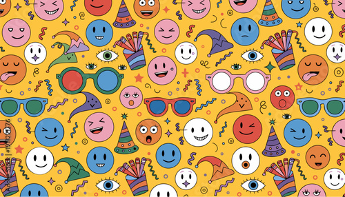 A colorful vector graphic illustration of various emojis and party symbols on a yellow background