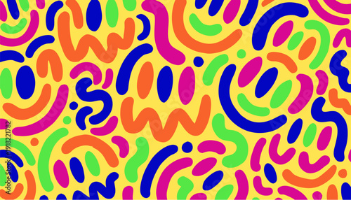 A vibrant and colorful abstract vector graphic design featuring swirling patterns and shapes on a bright yellow background