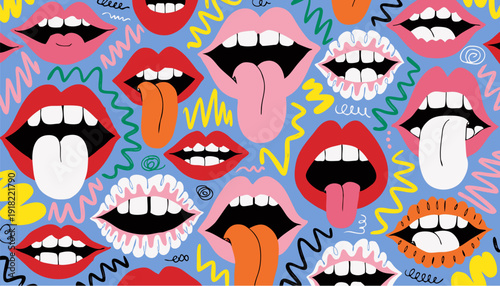 A colorful illustration of various cartoon mouths and tongues on a blue background with squiggly lines
