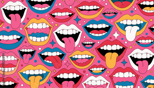 A colorful vector graphic illustration of various cartoon mouths and tongues on a pink background