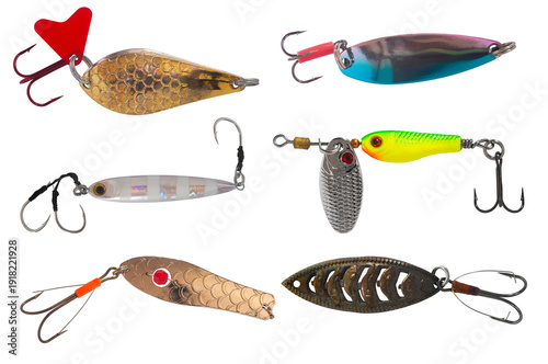 Foto set of fishing tackle, spoons bait on white isolated background