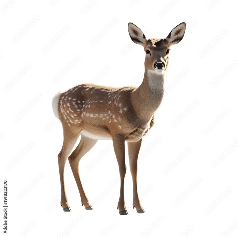 Fototapeta premium A young brown roe deer fawn with soft fur stands isolated on a white background, representing wild nature and forest wildlife as a graceful mammal without antlers