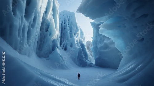 Solo explorer in vast icy cave, arctic landscape, extreme adventure, winter exploration
