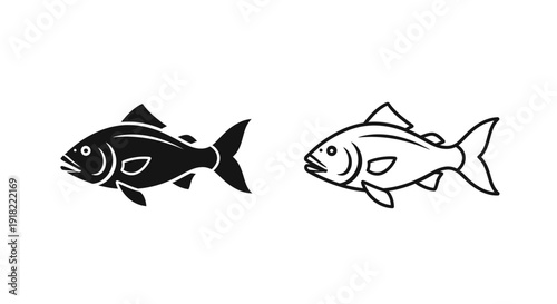 Black and white fish illustration vector design, two fish side by side, simple line art Vector