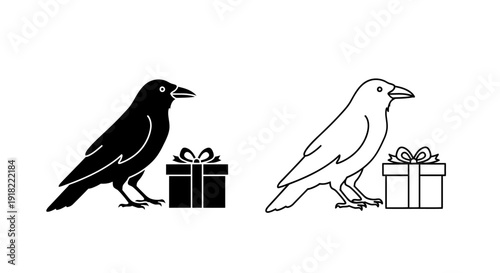 Black and white birds with gifts vector illustration, festive holiday birds design Vector