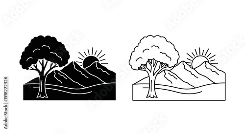 Nature landscape art, minimalist tree and hill illustration, black and white drawing Vector