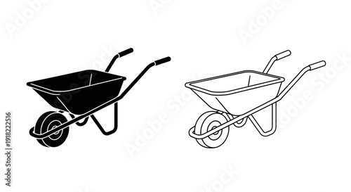 Two wheelbarrows, one black and one white, isolated on white background Vector