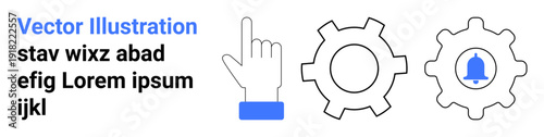 Hand pointing gesture with cogwheels and bell icon suggesting settings, notifications, and user interaction. Ideal for interface design, functionality, technology, systems, apps, automation simple