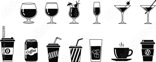 Alcoholic and non alcoholic beverage icons set including wine glasses, cocktails, coffee cups and soft drinks isolated on white background
