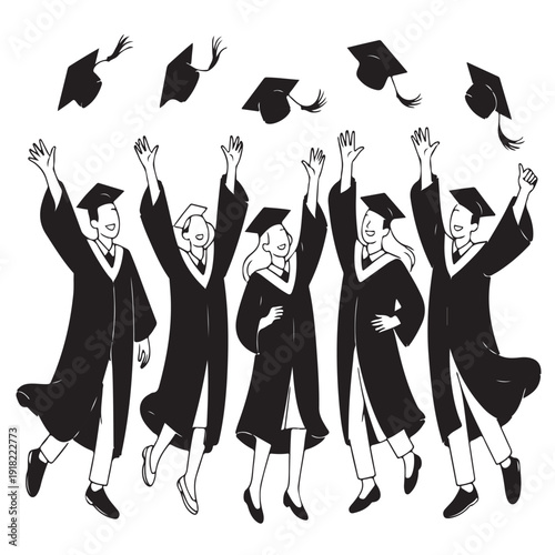 Graduation ceremony celebration with students throwing caps in air for university degree achievement silhouette of happy graduates in gowns jumping for joy at commencement day event