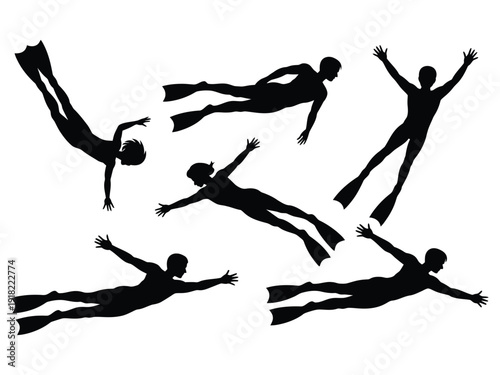 Black Silhouette Collection of Scuba Divers Swimming in Different Poses Vector Illustration
