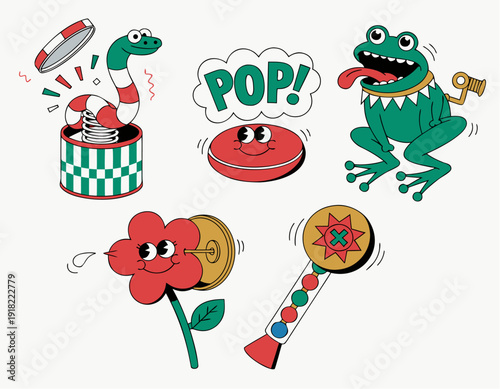 A colorful vector graphic illustration of playful cartoon characters and toys