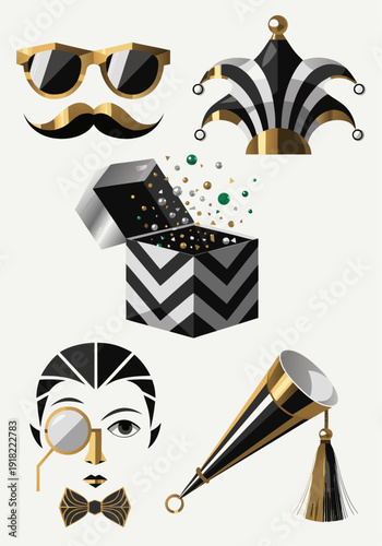 A collection of black and gold party accessories and decorations in a flat vector illustration style