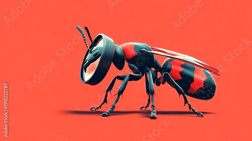 Close-up of a stylized red and black insect on a vibrant background