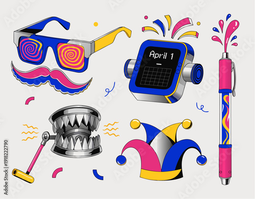 A colorful vector graphic illustration of April Fools' Day icons and symbols