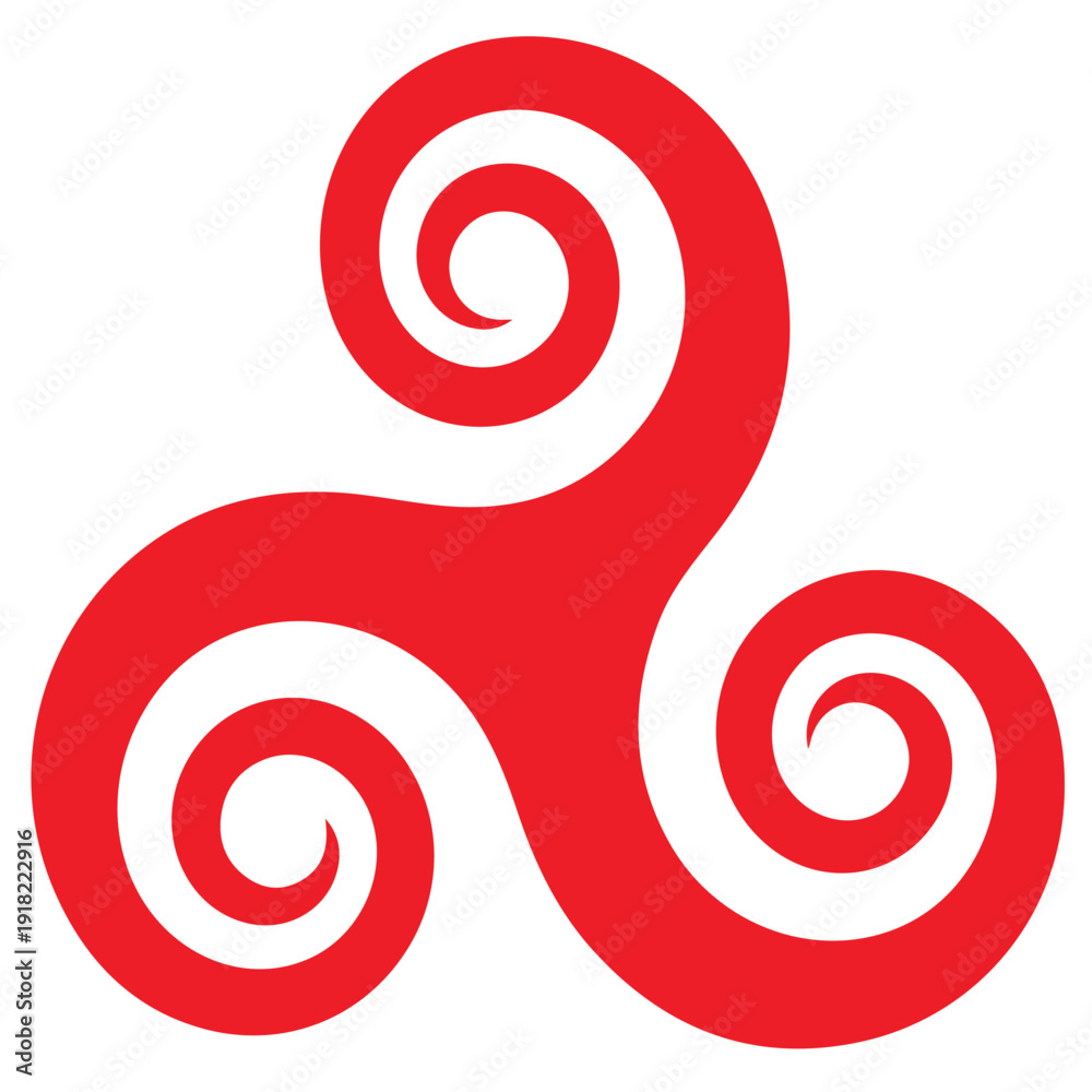 Obraz premium Red triskelion or triskele symbol, a triple spiral design, representing motion, cycles, progress, and interconnectedness in an ancient celtic style