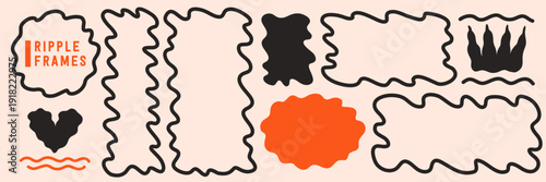 Ripple shape frames in square and rectangle styles with bold wavy line edges. Playful doodle borders and organic zigzag boxes designed for text highlights, labels, posters and modern graphic layouts
